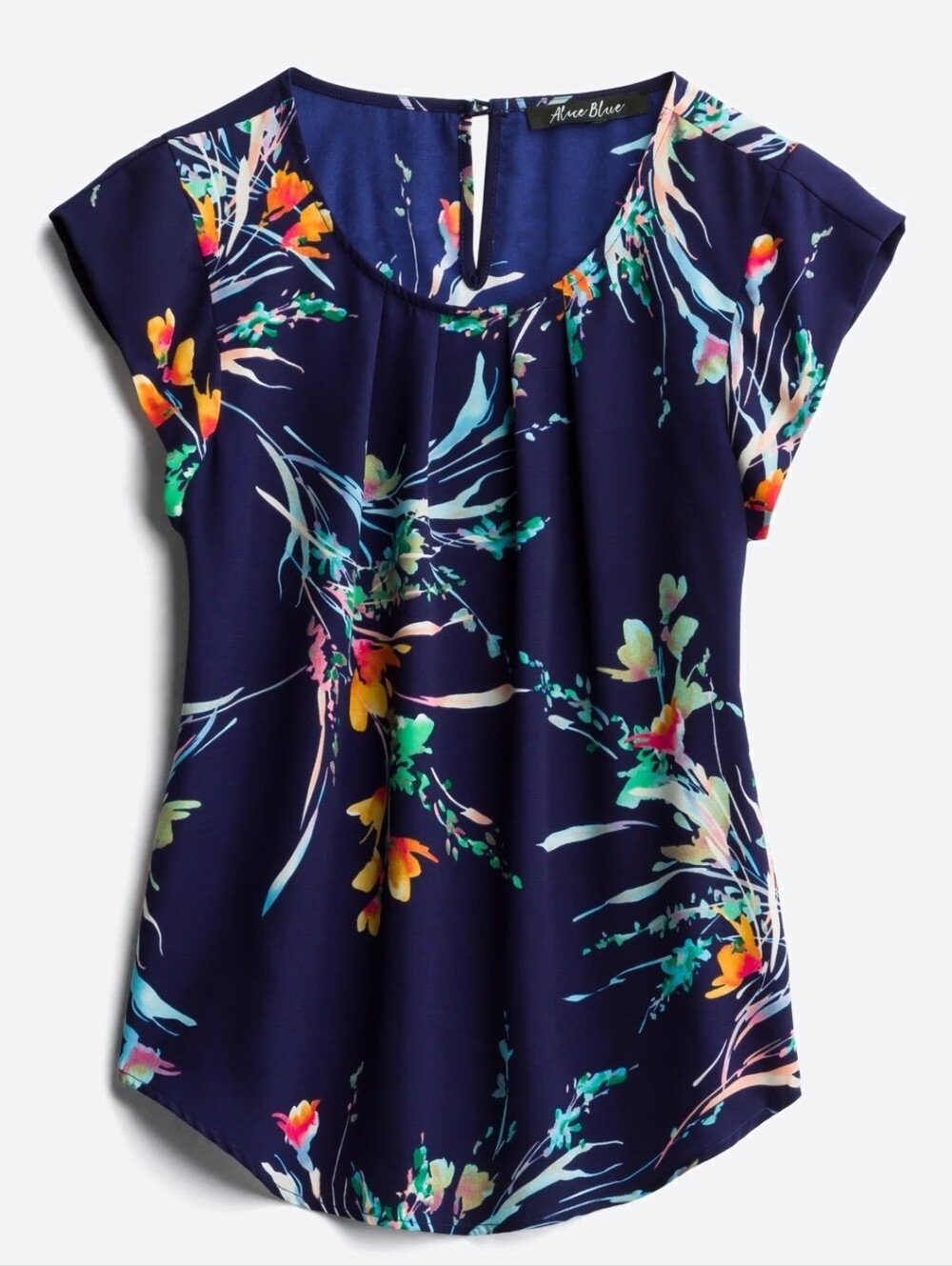 Alice Blue Navy Floral Pleat-front Cap-Sleeve Blouse